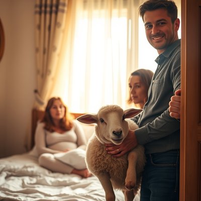 Ein Mann kommt mit einem Schaf ins Zimmer seiner Frau